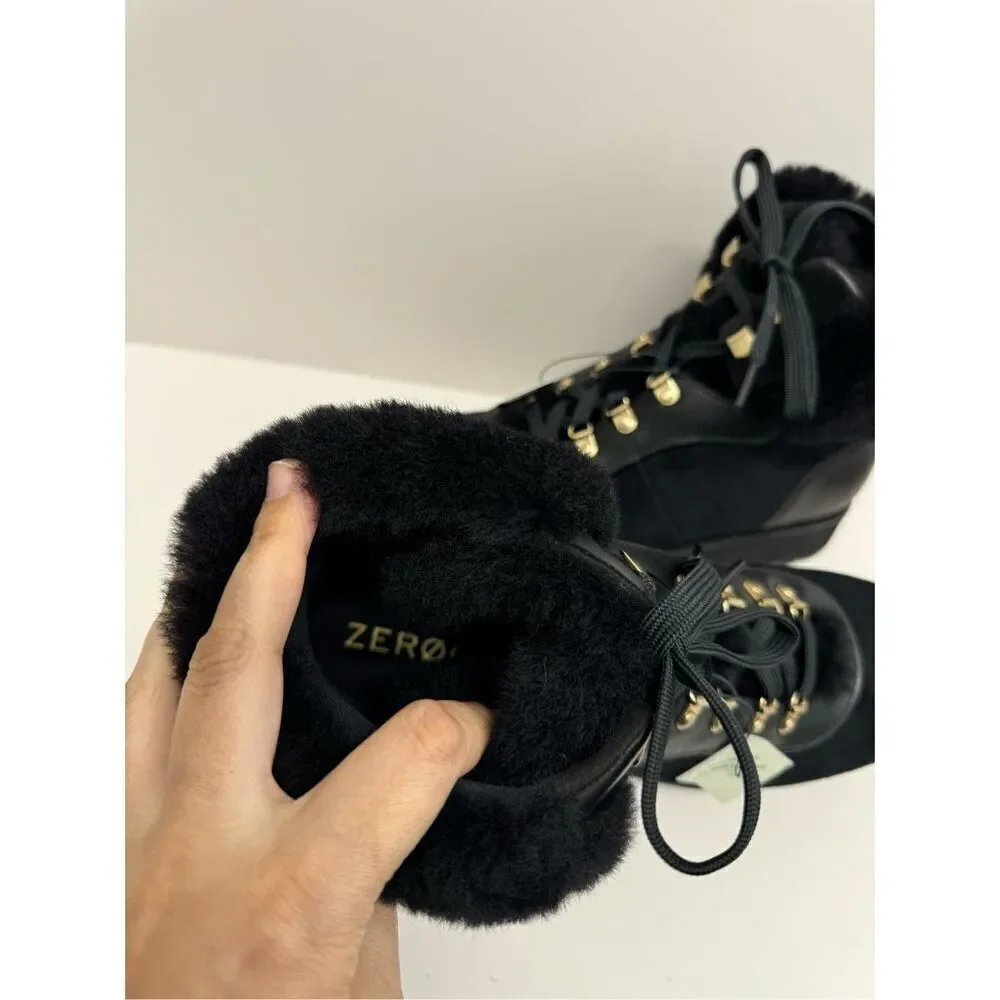 Cole Haan Winter Fur Boots Size 7.5B Womens Waterproof Black‎ Lugged Sole